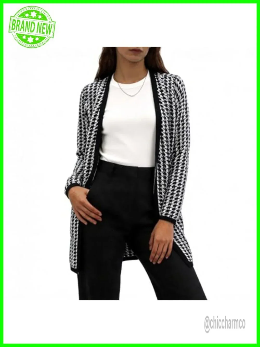 Longline Open-Front Houndstooth Cardigan, Polyester Blend Knit, Casual Long